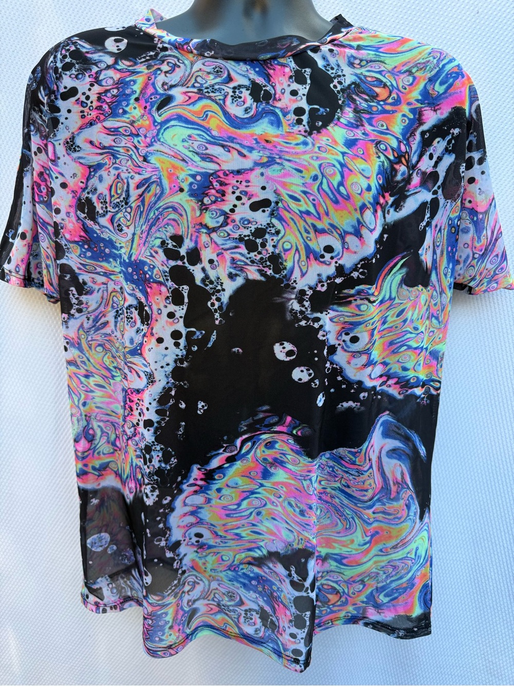 iHeartRaves Black Psychedelic Rainbow Oil Slick Sheer Mesh Rave T-Shirt XL